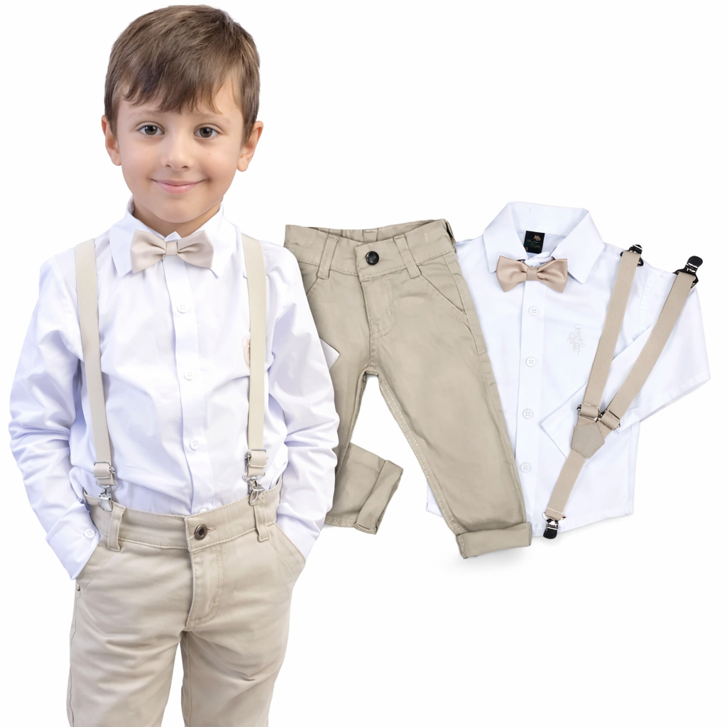 Conjunto Casamento Bege Suspensório e Gravata Várias Cores Infantil
