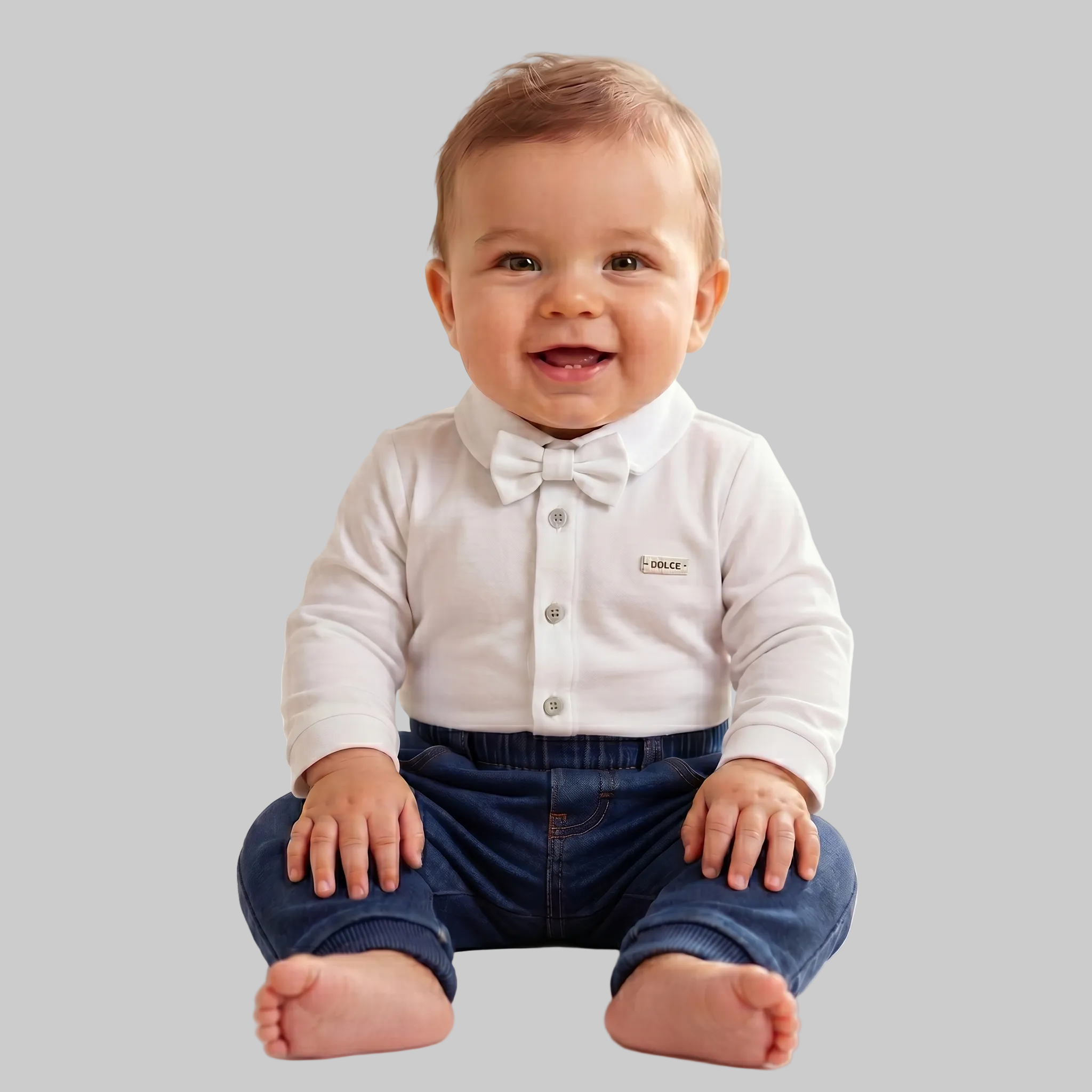 Conjunto Bebê Paraíso – Body Social Branco com Gravata e Calça Jeans Comfort