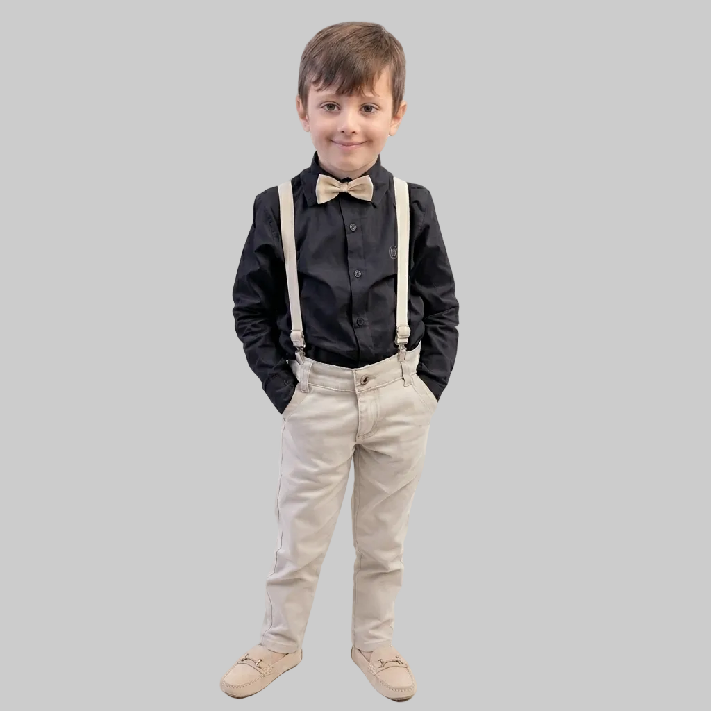 Conjunto Com Suspensório e Camisa Manga Longa Preta