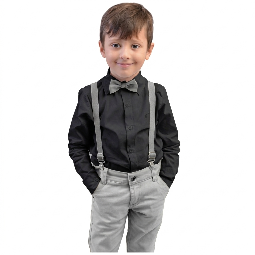 Conjunto Com Suspensório e Camisa Manga Longa Preta