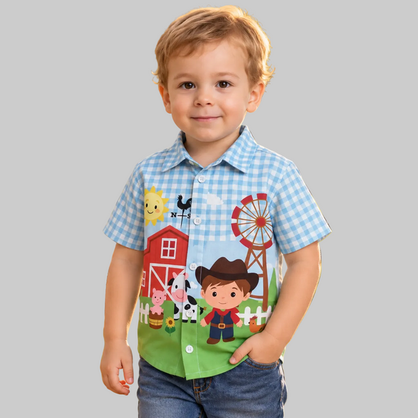Camisa Infantil Social Temática Menino Fazendinha Personagem
