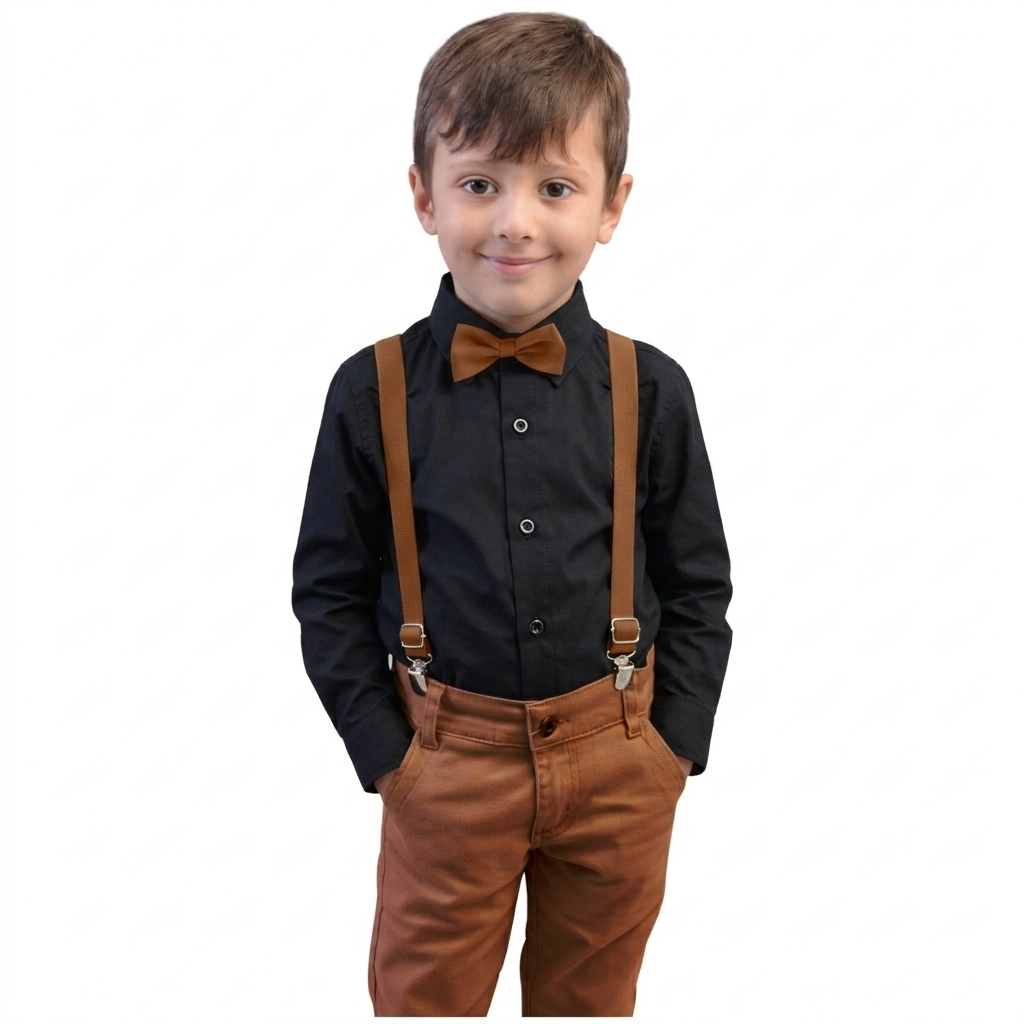 Conjunto Pajem Infantil Social: Camisa Preta Manga Longa e Calça Caramelo com Suspensório