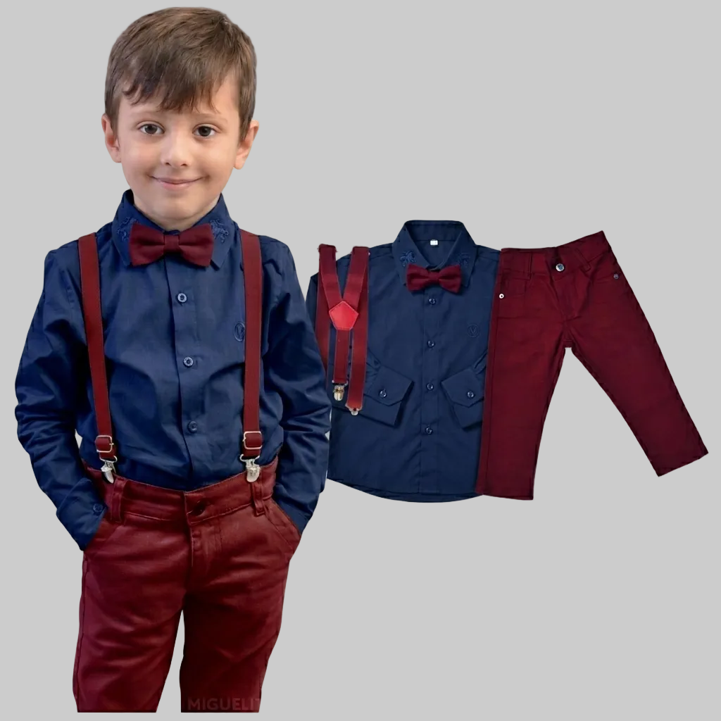 Conjunto Com Suspensório e Camisa Manga Longa Azul Marinho