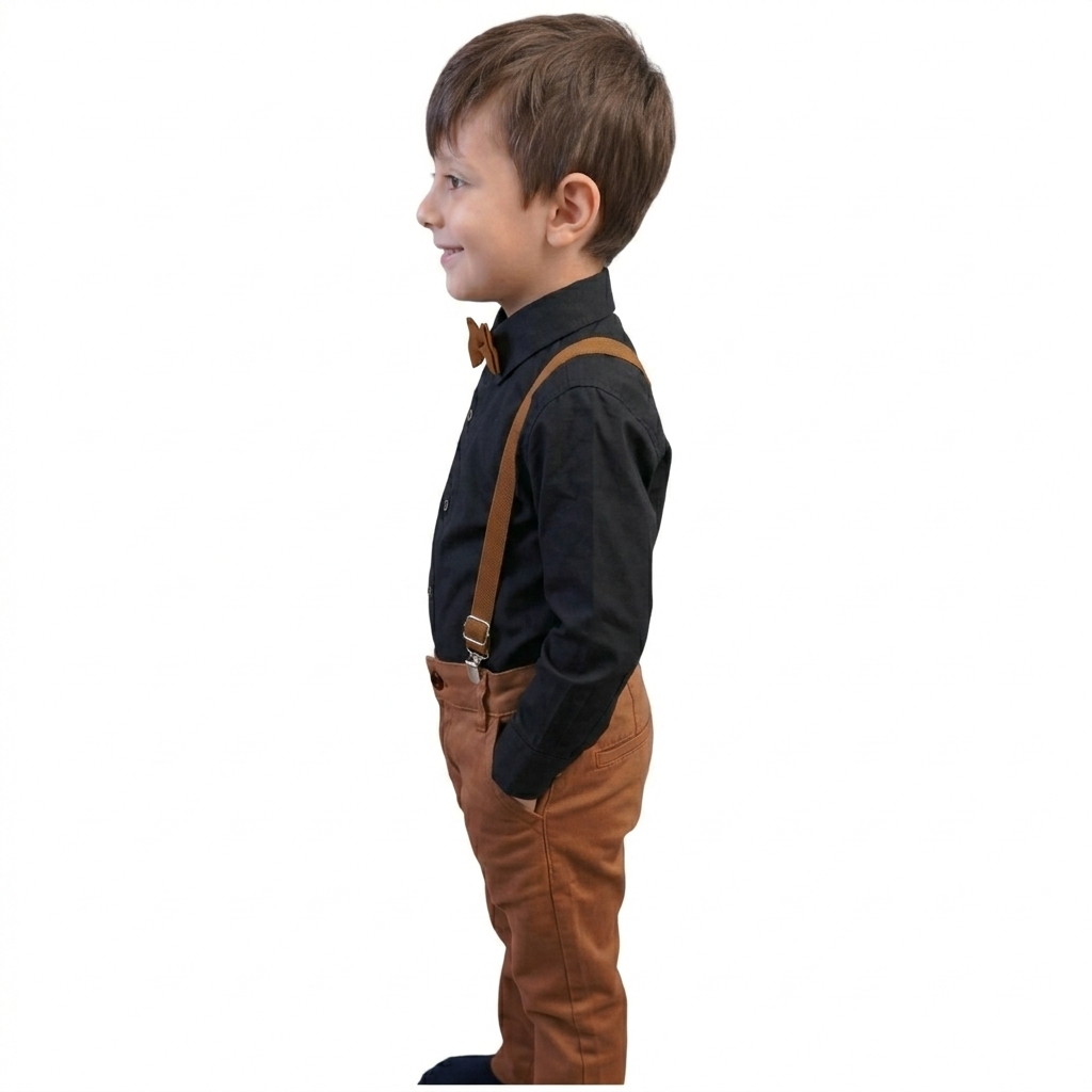Conjunto Pajem Infantil Social: Camisa Preta Manga Longa e Calça Caramelo com Suspensório