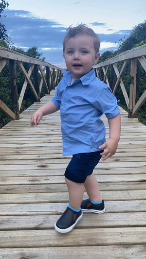 Kit Roupa Social Infantil - Camisa Azul Bebê +Bermuda Jeans (Atacado)