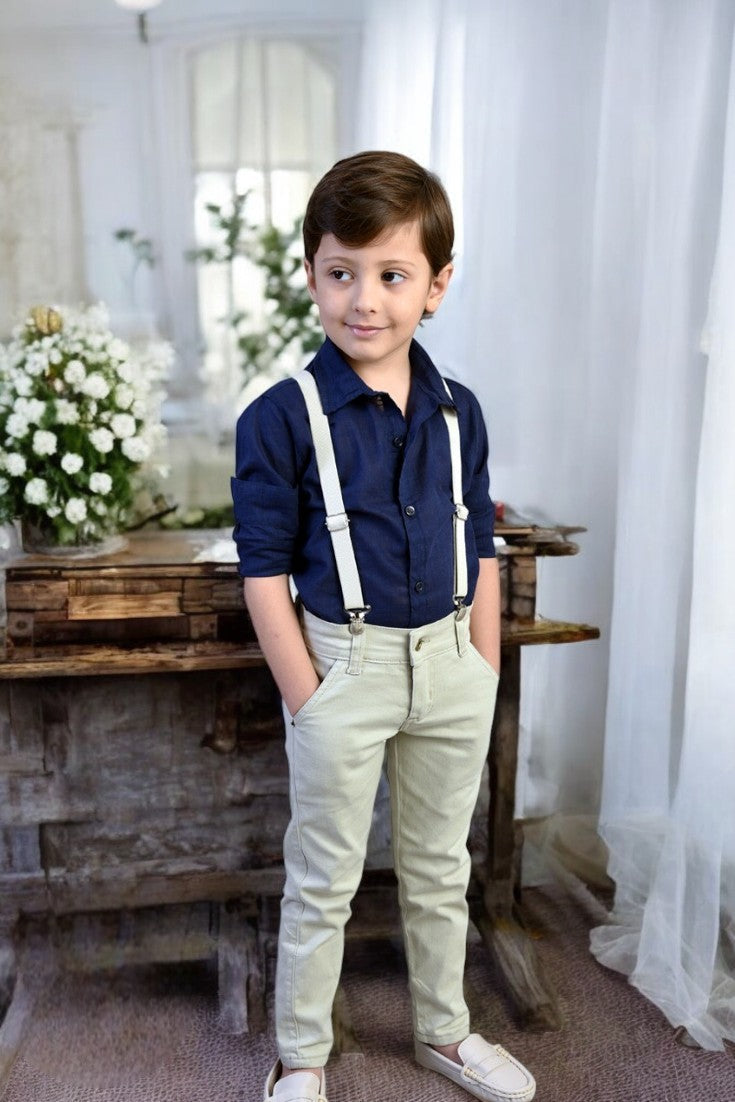 Conjunto Social Manga Longa Azul Marinho Calça Infantil Bege Masculino (Atacado)