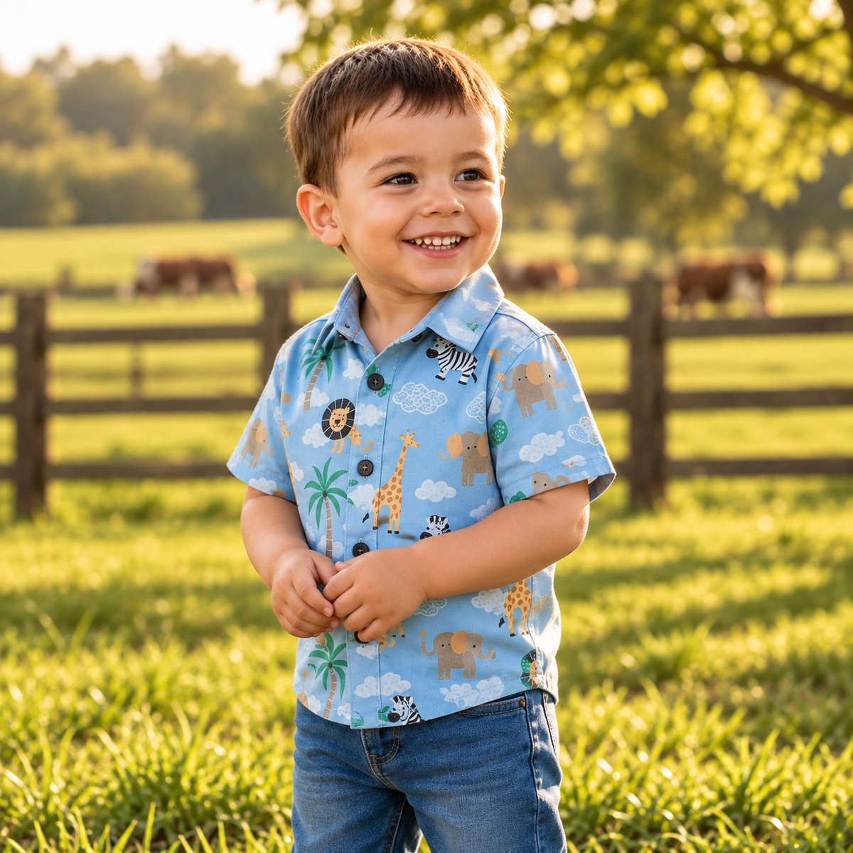 Camisa Social Infantil Safari Arca de Noé Zoológico Fazendinha Mesversário Aniversário Menino