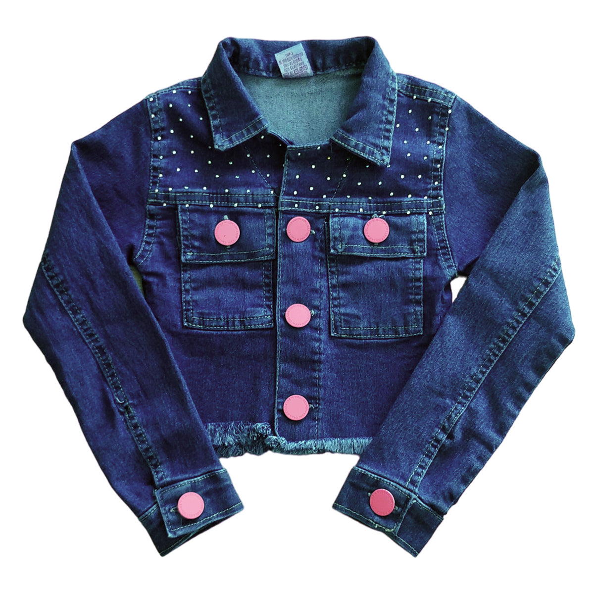Jaqueta Jeans Infantil Menina Brilho Strass e Botões Rosa Luxo