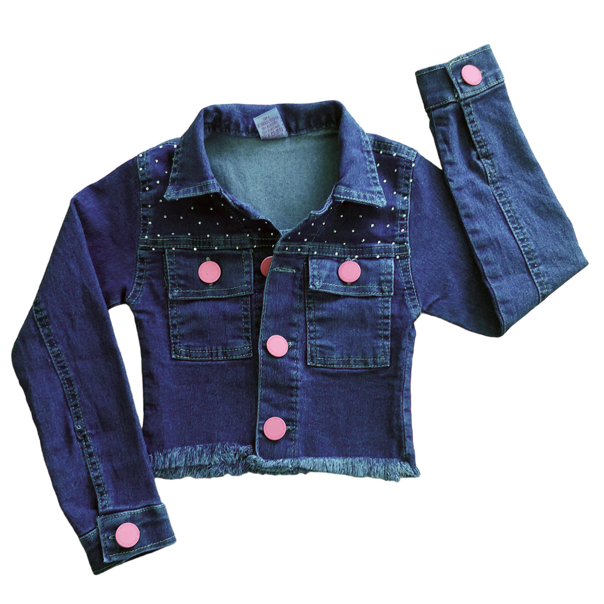 Jaqueta Jeans Infantil Menina Brilho Strass e Botões Rosa Luxo