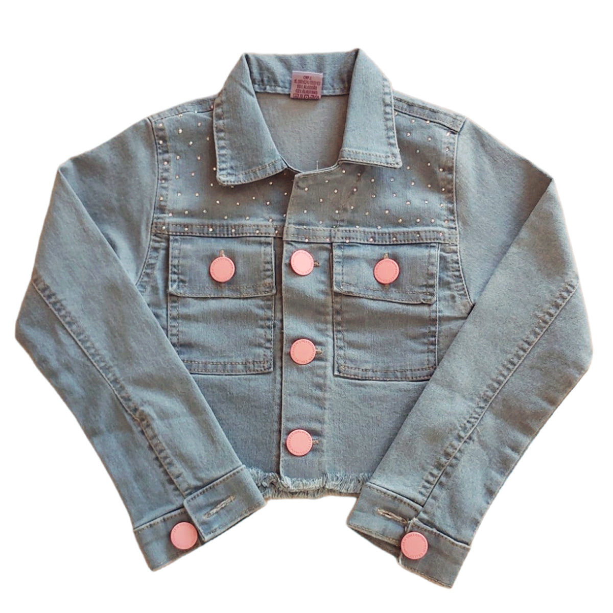 Jaqueta Jeans Infantil Menina Brilho Strass e Botões Rosa Luxo