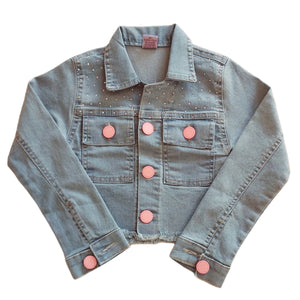 Jaqueta Jeans Infantil Menina Brilho Strass e Botões Rosa Luxo