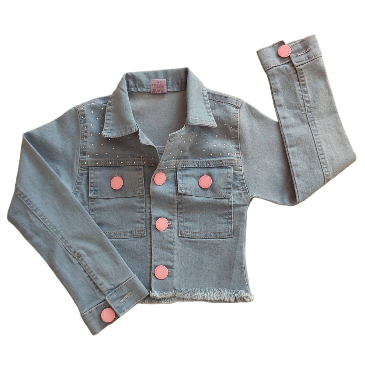 Jaqueta Jeans Infantil Menina Brilho Strass e Botões Rosa Luxo
