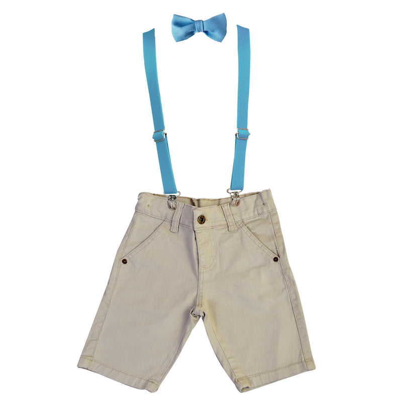 Conjunto Verão Bermuda Sarja Infantil  Elastano Gravata e Suspensório Ajustável