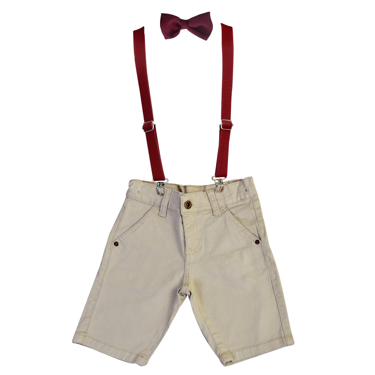 Conjunto Verão Bermuda Sarja Infantil  Elastano Gravata e Suspensório Ajustável (Atacado)