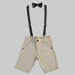 Conjunto Verão Bermuda Sarja Infantil  Elastano Gravata e Suspensório Ajustável
