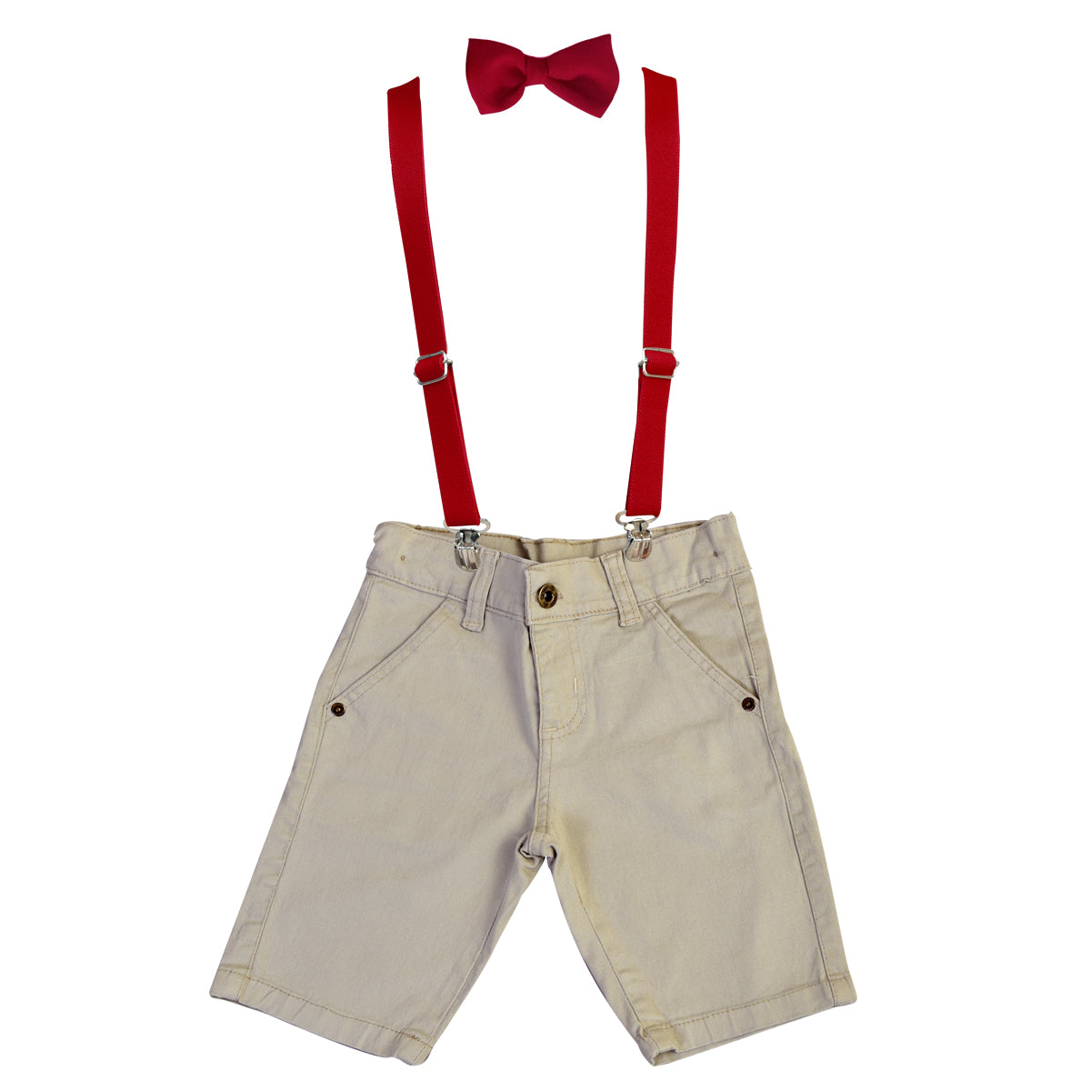 Conjunto Verão Bermuda Sarja Infantil  Elastano Gravata e Suspensório Ajustável (Atacado)