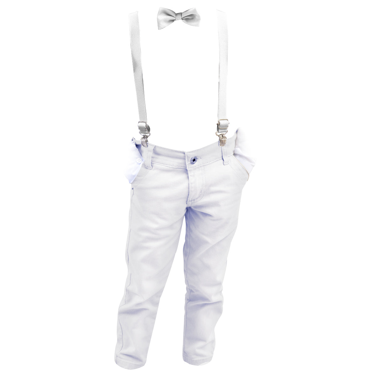 Calça Sarja Infantil Bolso Faca Elastano Gravata e Suspensório Ajustável 1 ao 16 anos (Atacado)