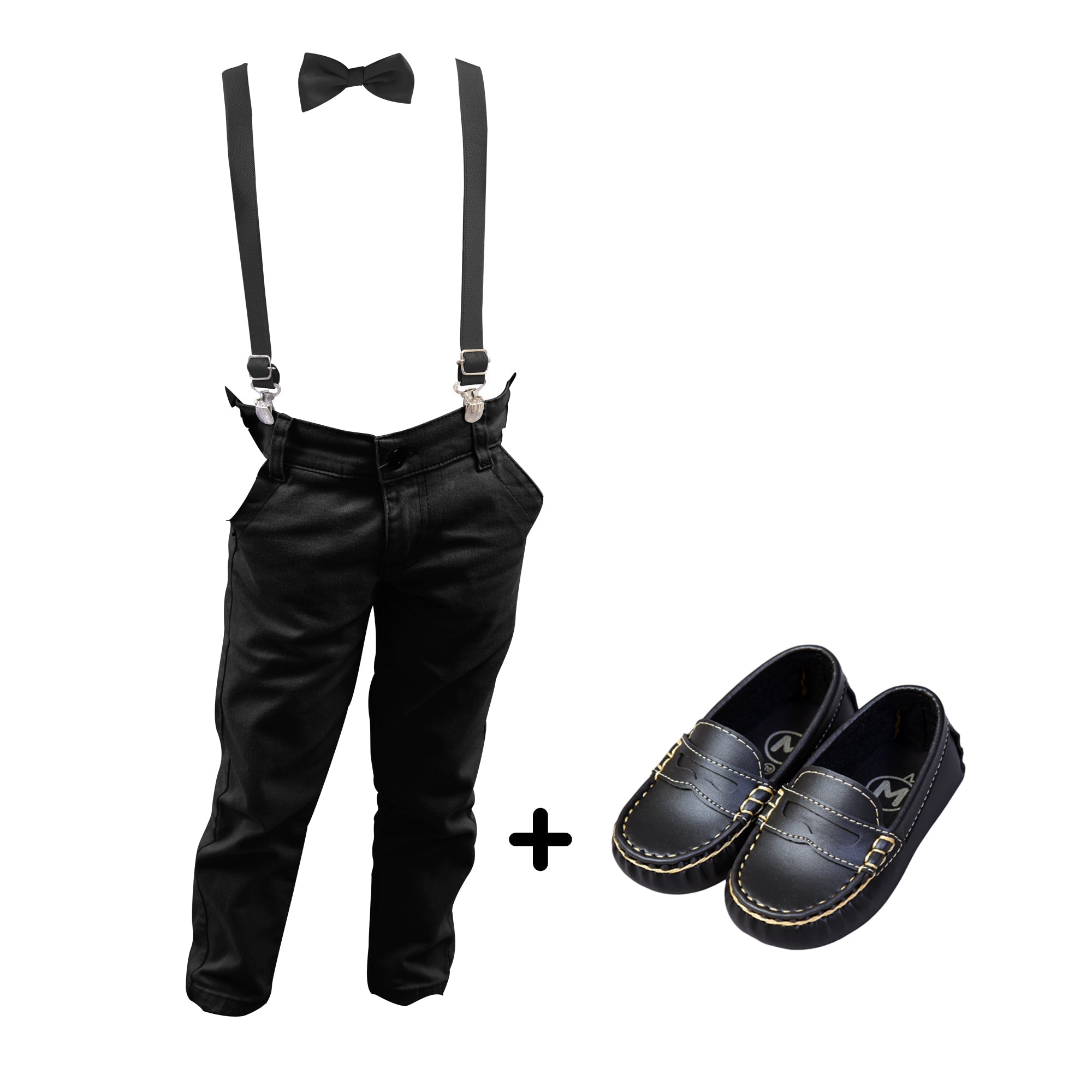 Kit 4 peças Sapato Mocassim + Calça + Gravata Borboleta + Suspensório 1 a 8 anos (Atacado)