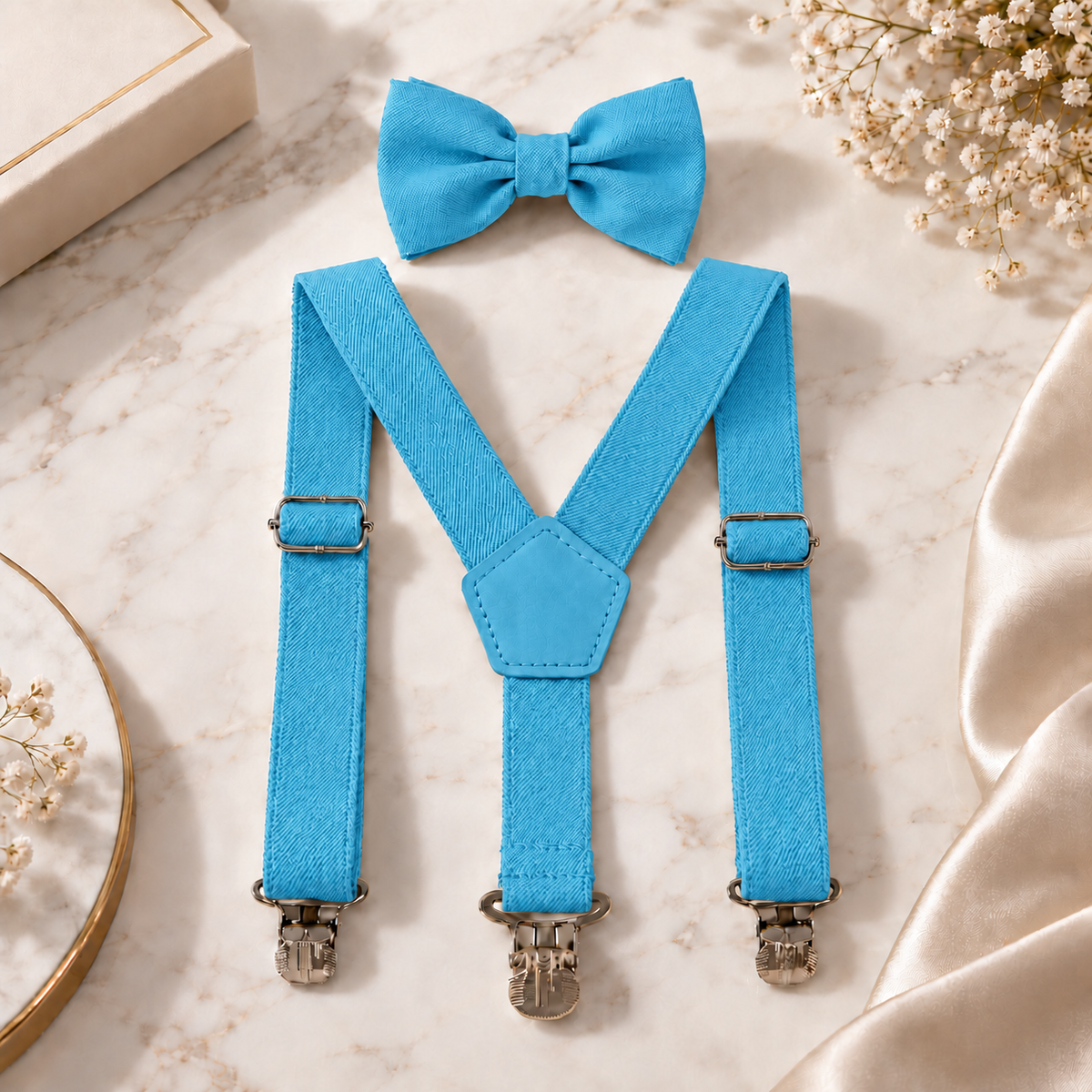 Kit Gravata Borboleta e Suspensório Juvenil Tons Azuis – cor Azul Bebê