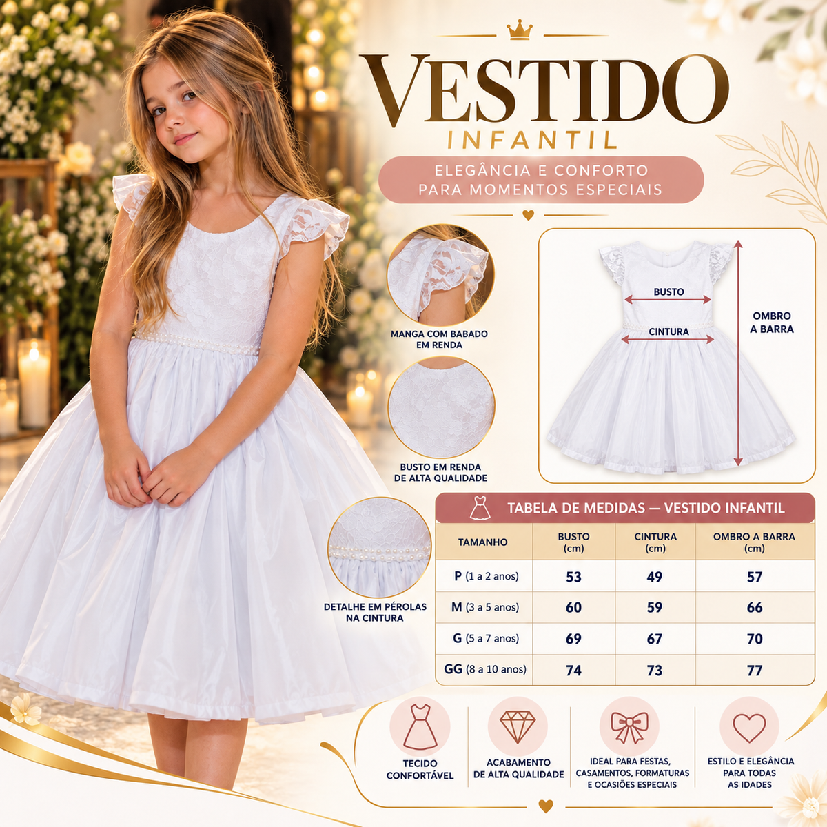 Tabela de medidas – Vestido Daminha Infantil Debutante com Laços Premium