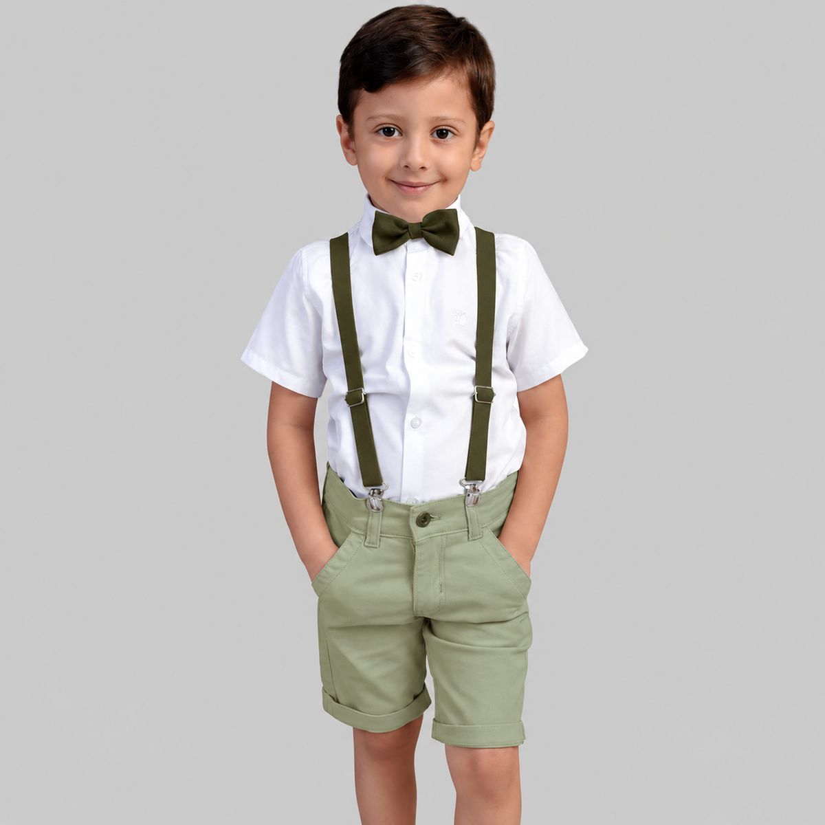 Conjunto Infantil Masculino Social Verde Oliva com Bermuda e Suspensório – cor Verde-Oliva