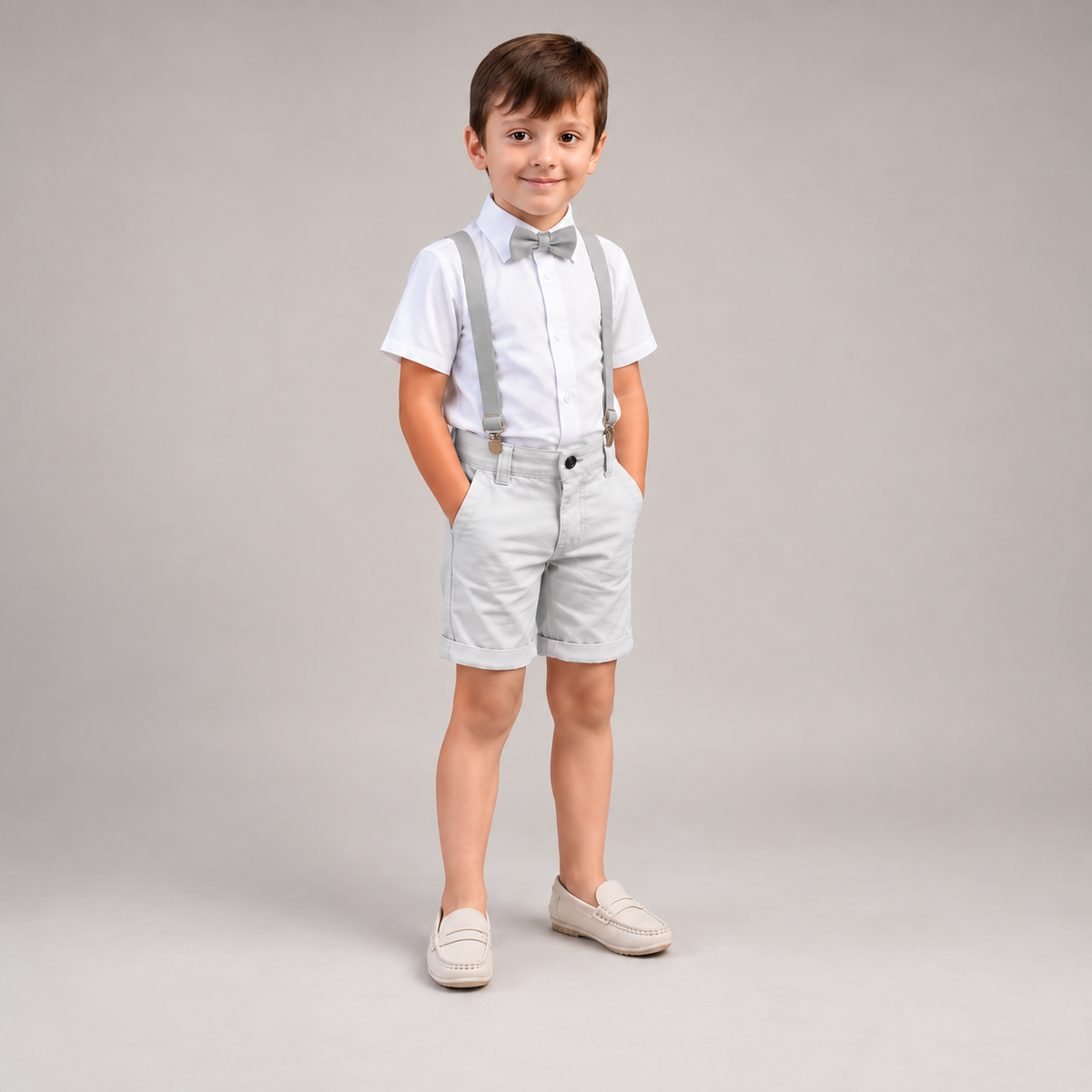 Conjunto Batizado Cinza Camisa Manga Curta e Bermuda P ao  16