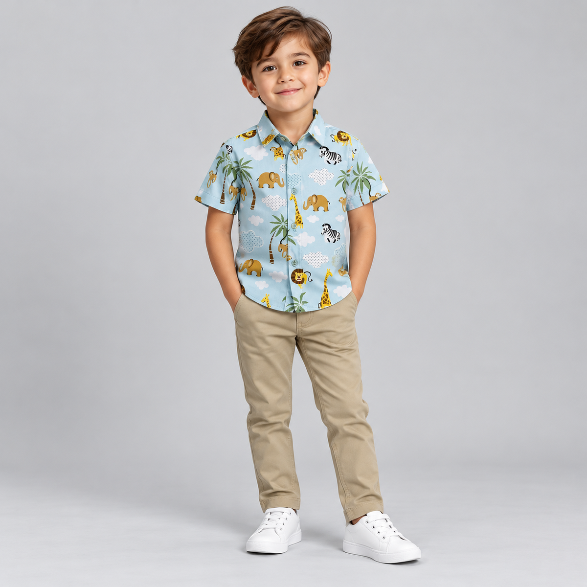 Conjunto Social Safari Infantil – Camisa Manga Curta + Calça Bege