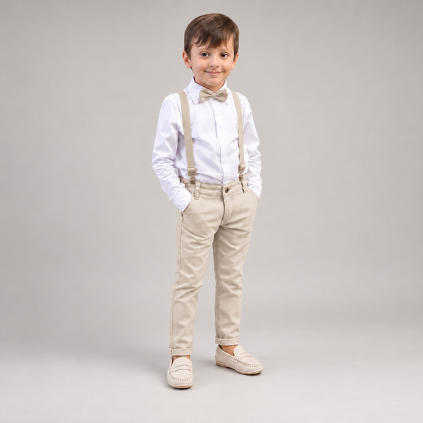 Conjunto Pajem Bege Infantil Manga Longa com Suspensório e Gravata – cor Bege