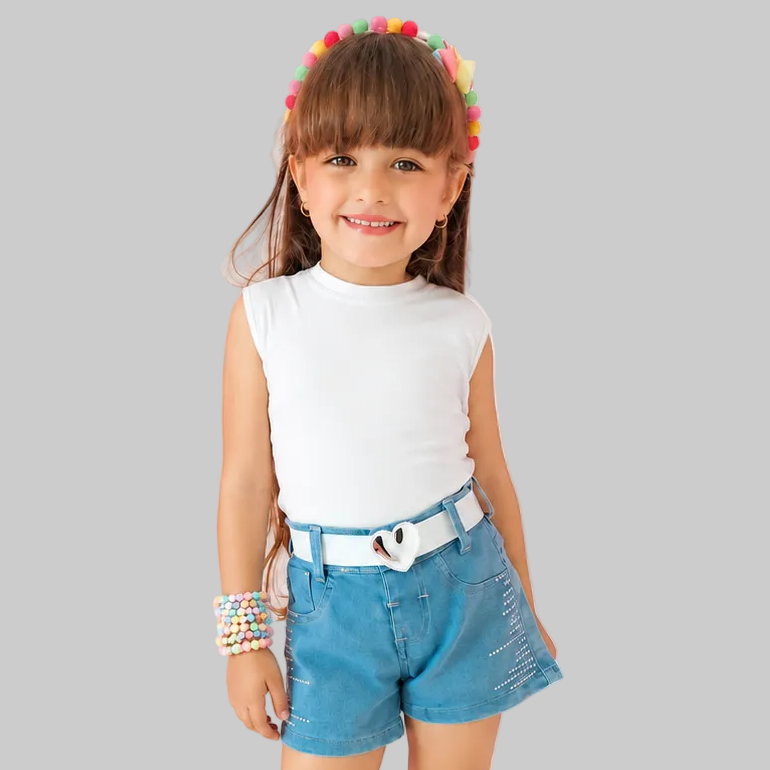 Short Jeans Brilhoso Infantil com Cinto de Brilho Infantil