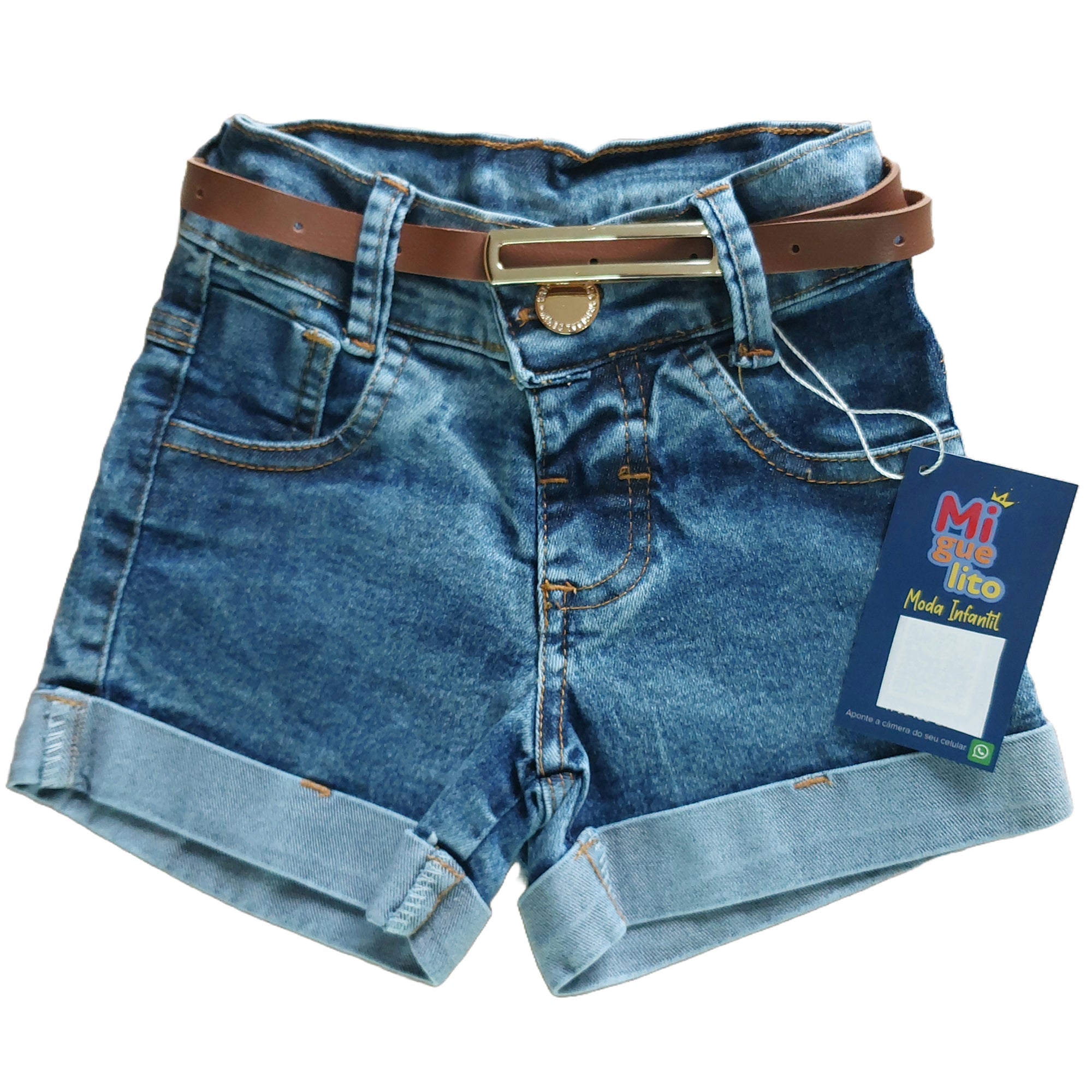 Short Jeans Infantil Com Cinto De Couro Meninas Bloguerinhas (Atacado)