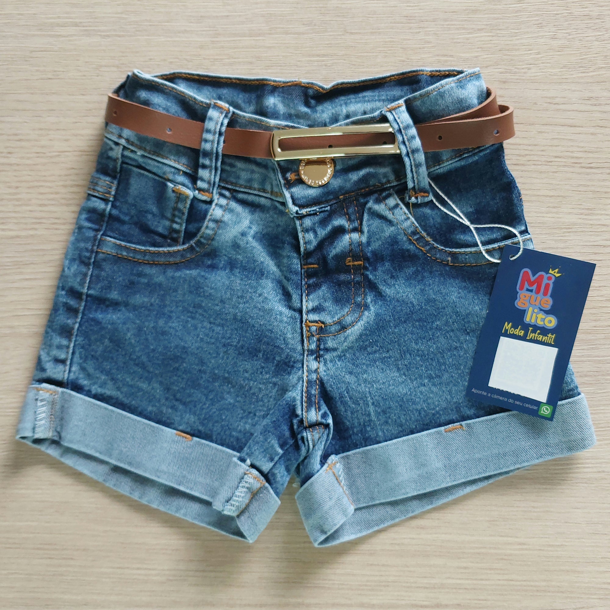 Short Jeans Infantil Com Cinto De Couro Meninas Bloguerinhas (Atacado)
