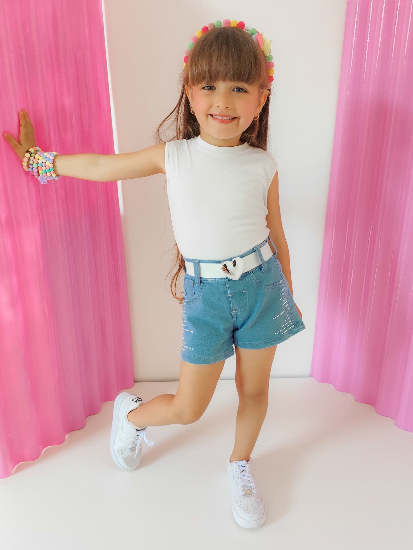Short Jeans Brilhoso Infantil Com Cinto De Brilho Infantil