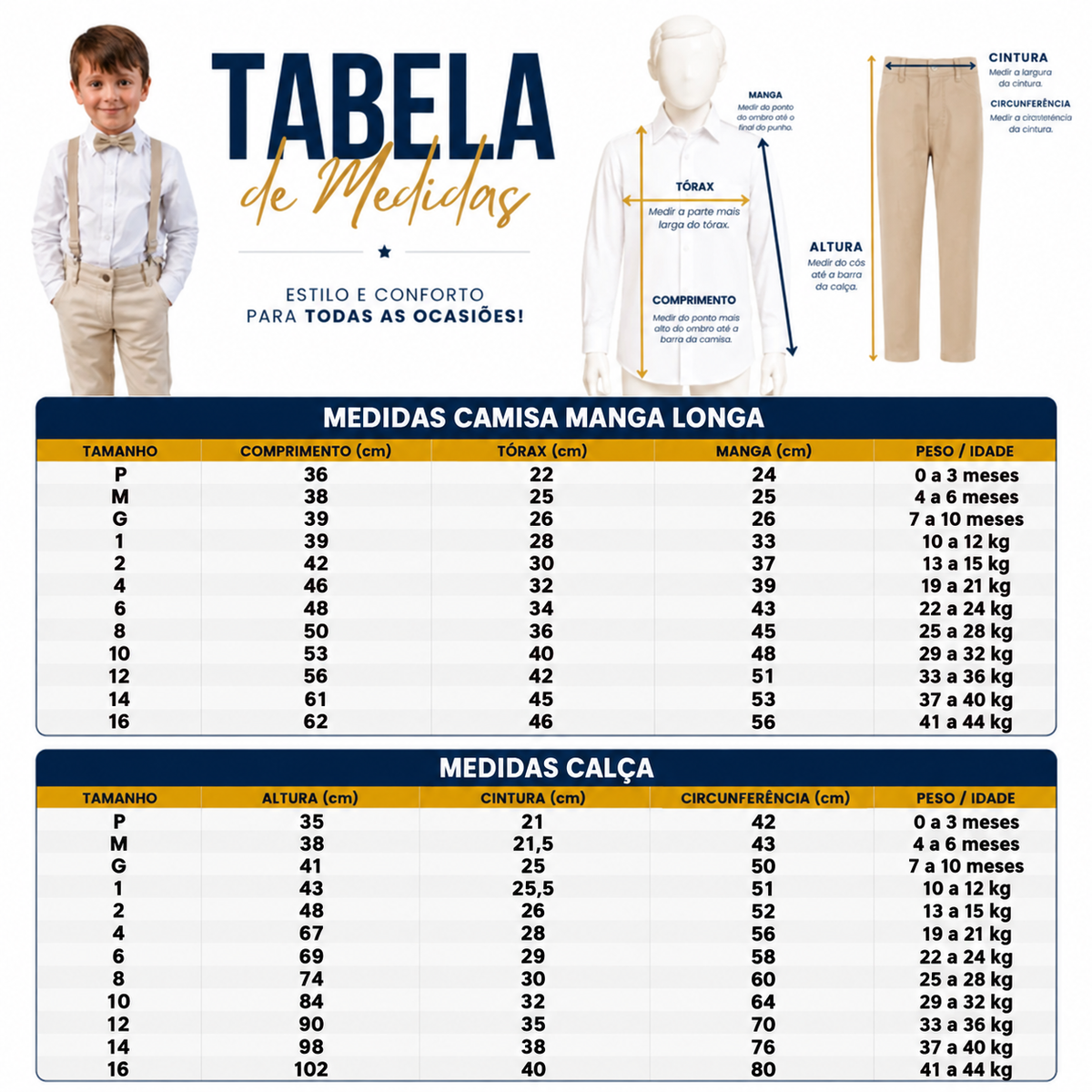 Tabela de medidas – Conjunto Pajem Bege Infantil Manga Longa com Suspensório e Gravata