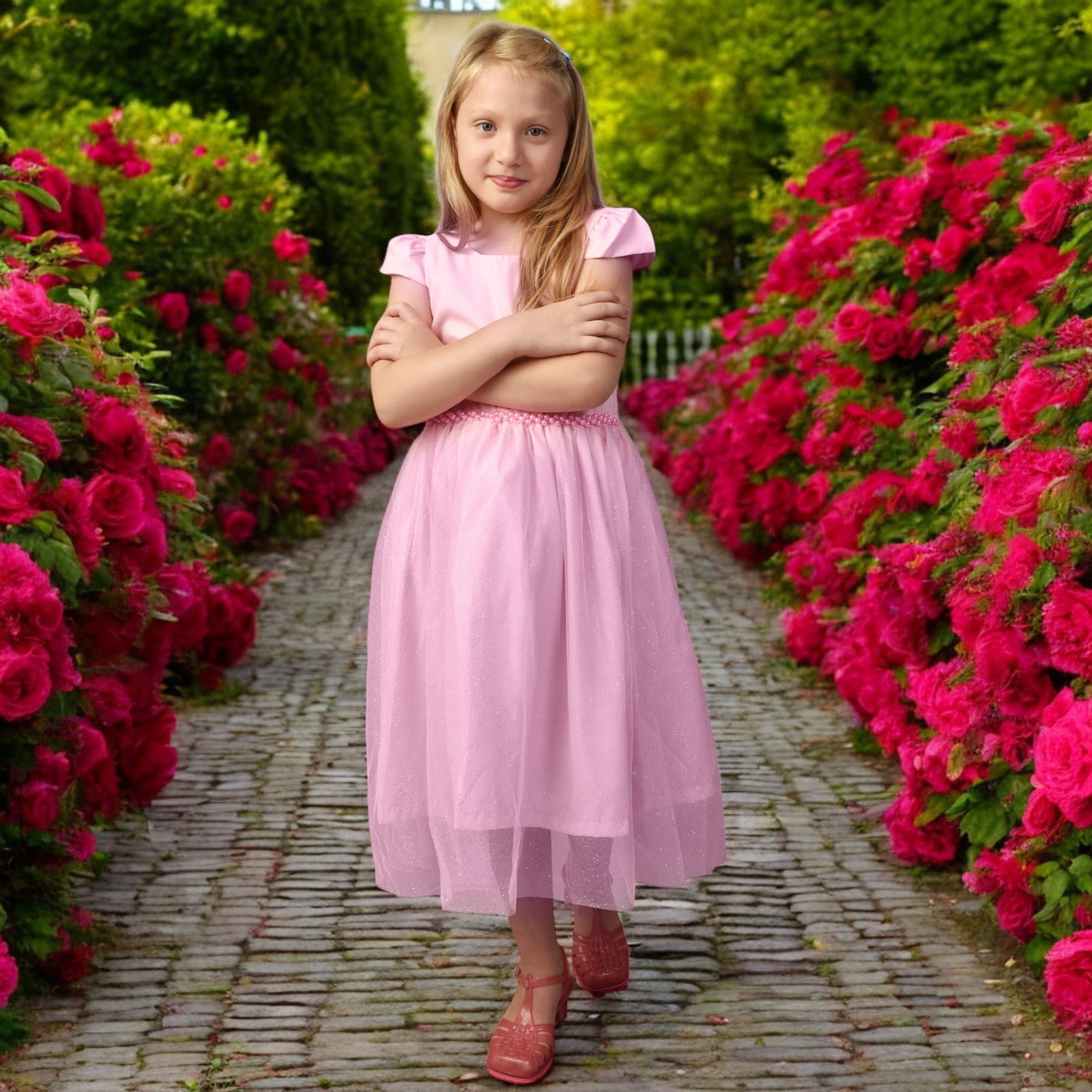 Vestido Meninas Daminha Rosa Infantil Debutante com Laços Premium 2 ao 12 anos (Atacado)