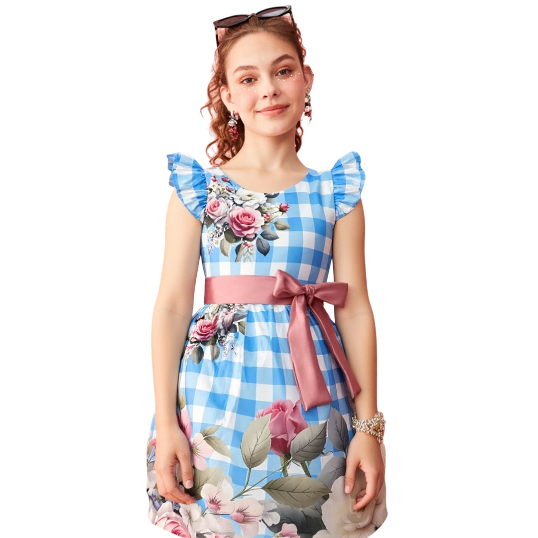 Vestido Festa Junina Infantil Azul e Vermelho com Laços – Temático e Estampado