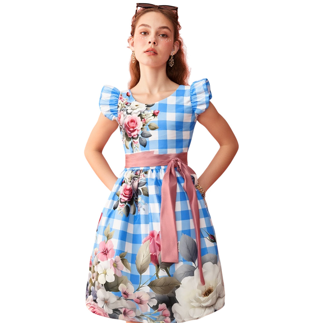 Vestido Festa Junina Infantil Azul e Vermelho com Laços – Temático e Estampado