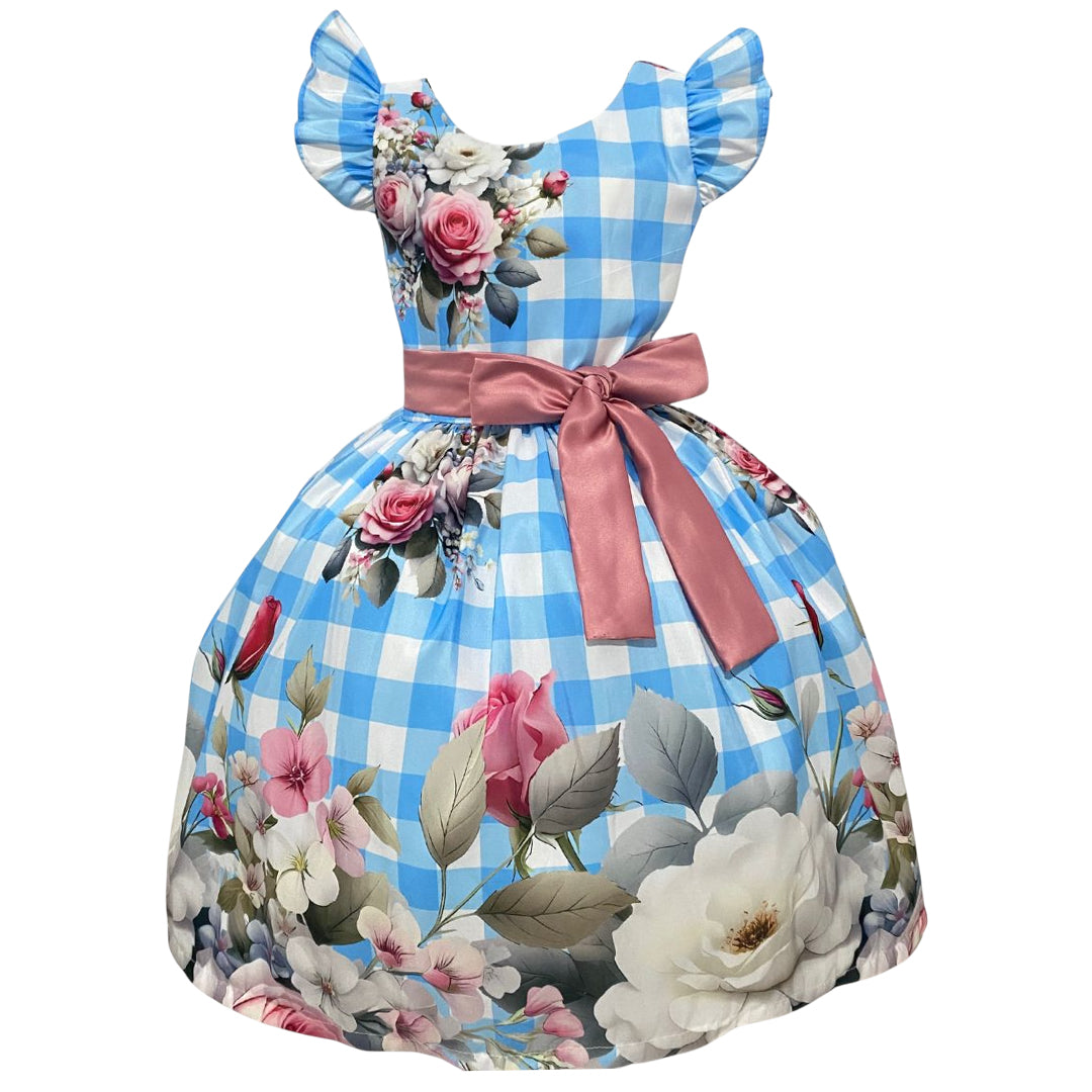 Vestido Junino Infantil Vermelho e Azul com Laços – Tamanhos 2 ao 10 (Atacado)