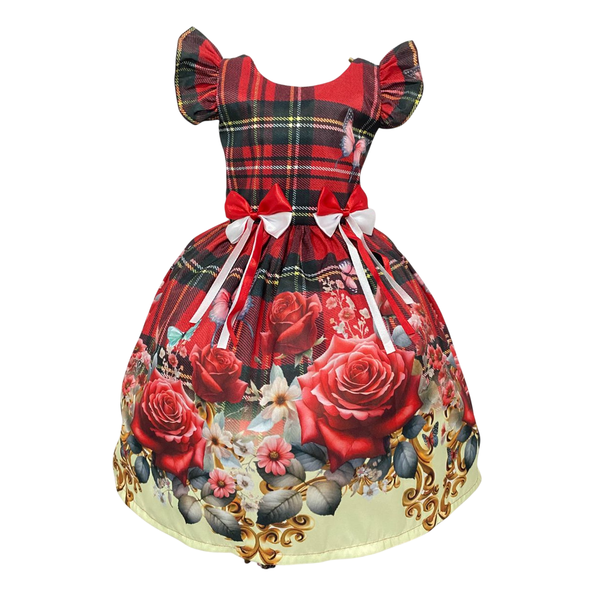 Vestido Festa Junina Infantil Azul e Vermelho com Laços – Temático e Estampado