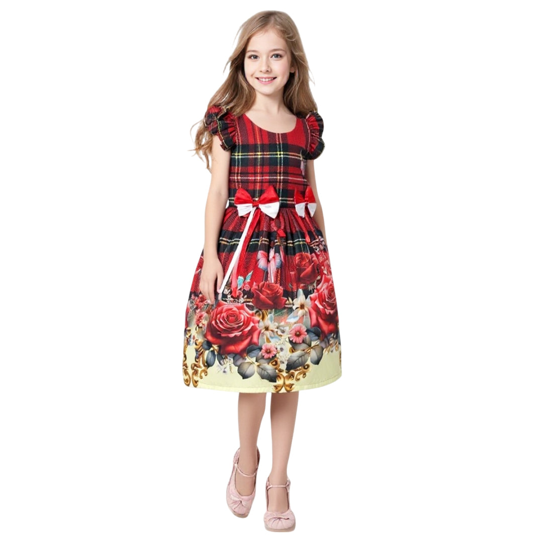 Vestido Junino Infantil Vermelho e Azul com Laços – Tamanhos 2 ao 10 (Atacado)