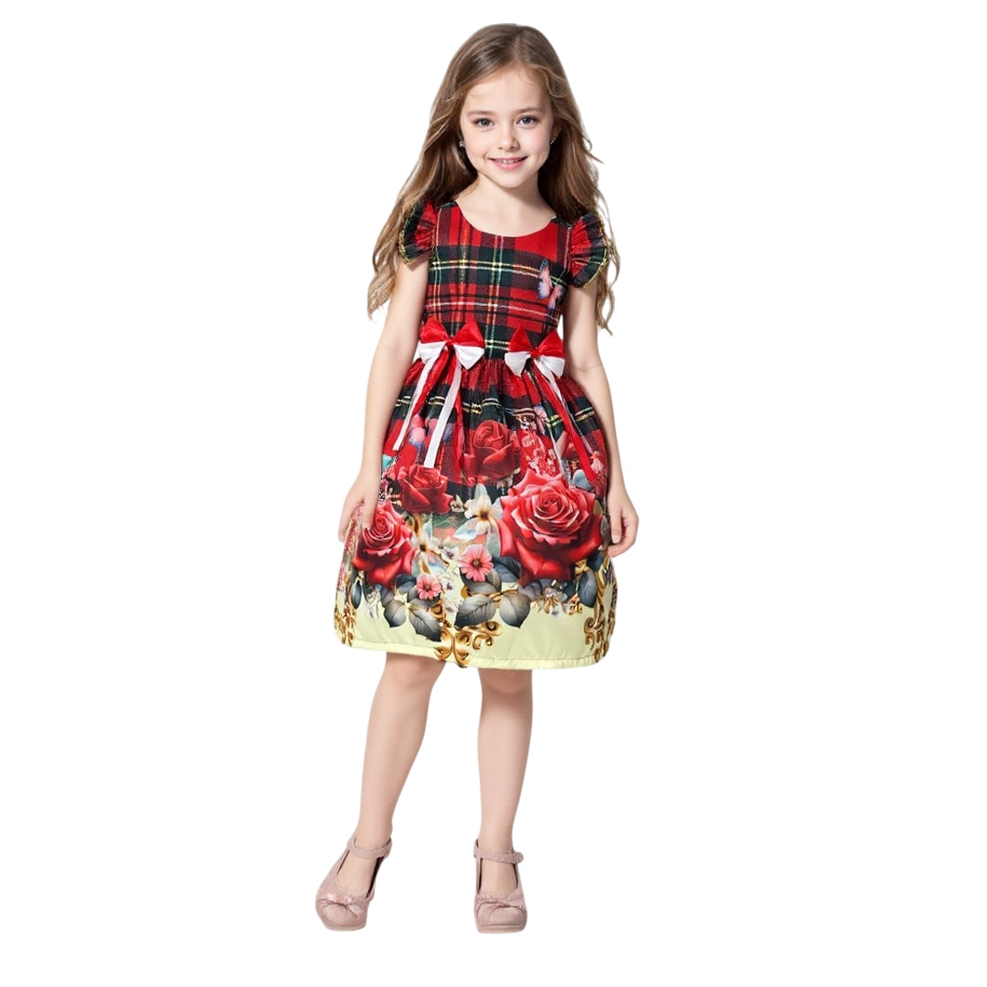 Vestido Festa Junina Infantil Azul e Vermelho com Laços – Temático e Estampado