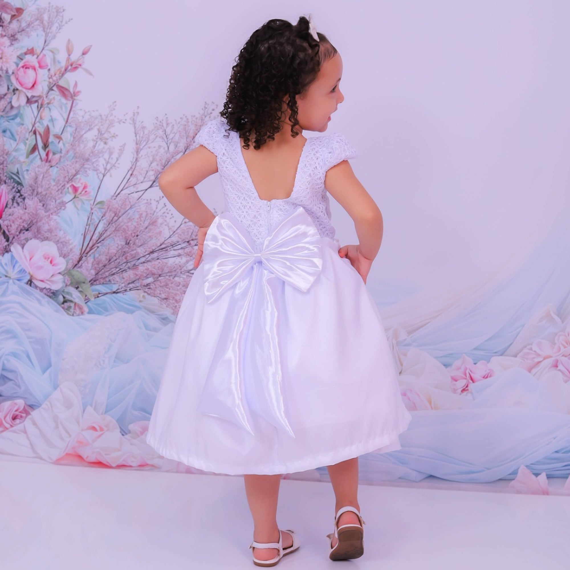 Vestido Meninas Daminha Branco Infantil Debutante com Laços Premium (Atacado)