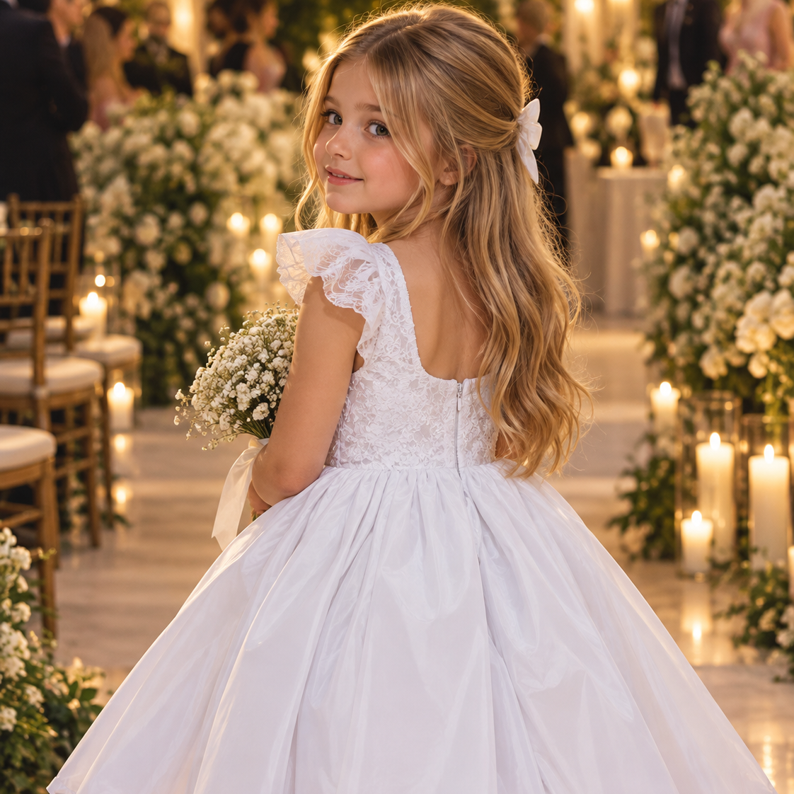 Vestido Meninas Daminha Branco Infantil Debutante com Laços Premium Batizado