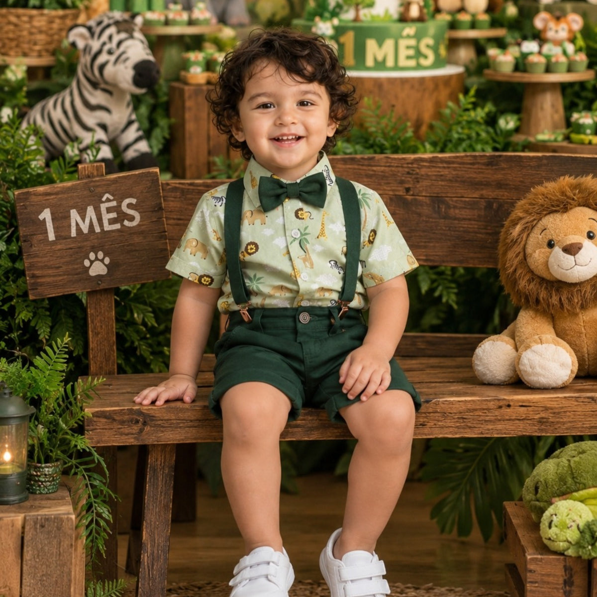 Roupa Festa Infantil Safari Arca de Noé Bege Rei Leão Bebê – cor Verde Musgo