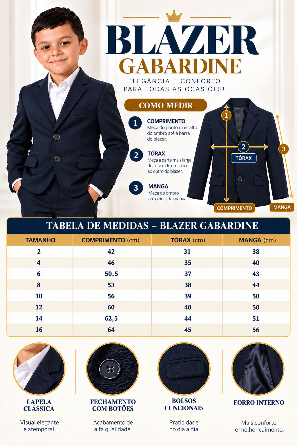 Tabela de medidas: Blazer Social Infantil Masculino Gabardine Slim Fit – 2 ao 16