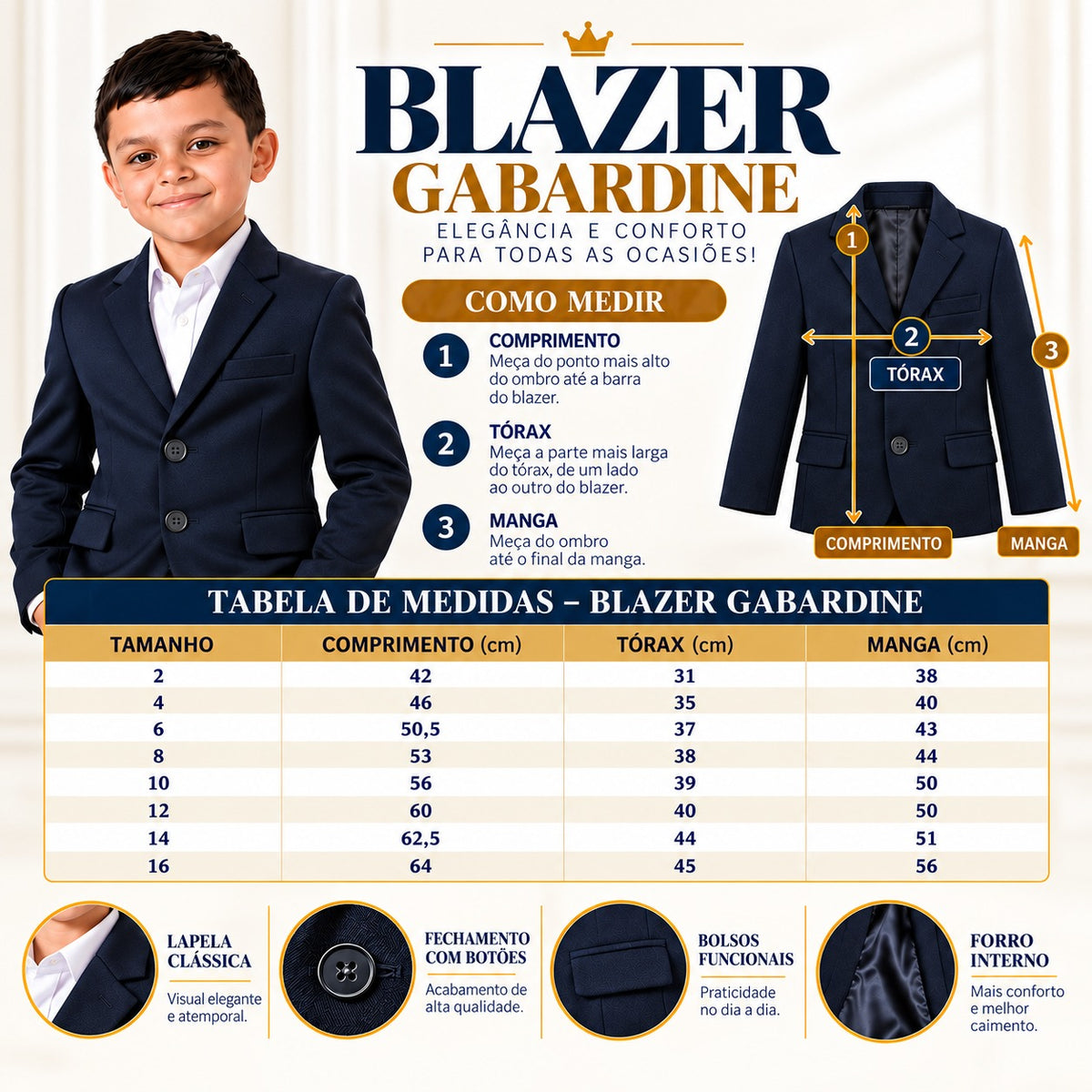 Blazer Social Infantil Masculino Gabardine Slim Fit – 2 ao 16