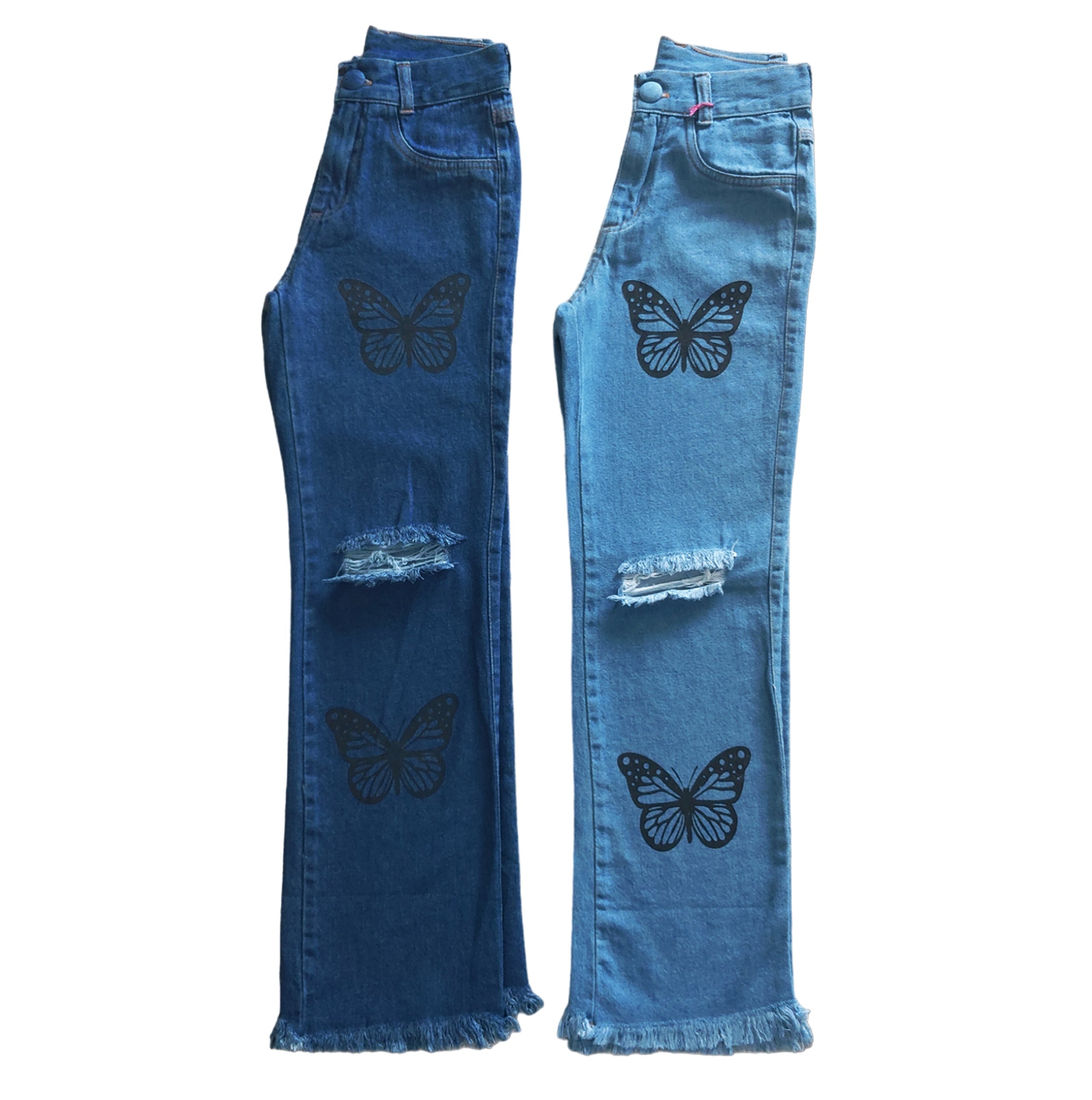 Calça jeans Infantil juvenil Menina wide leg Destroyed Borboleta Estampada-  Modelo Pantalona (Atacado)