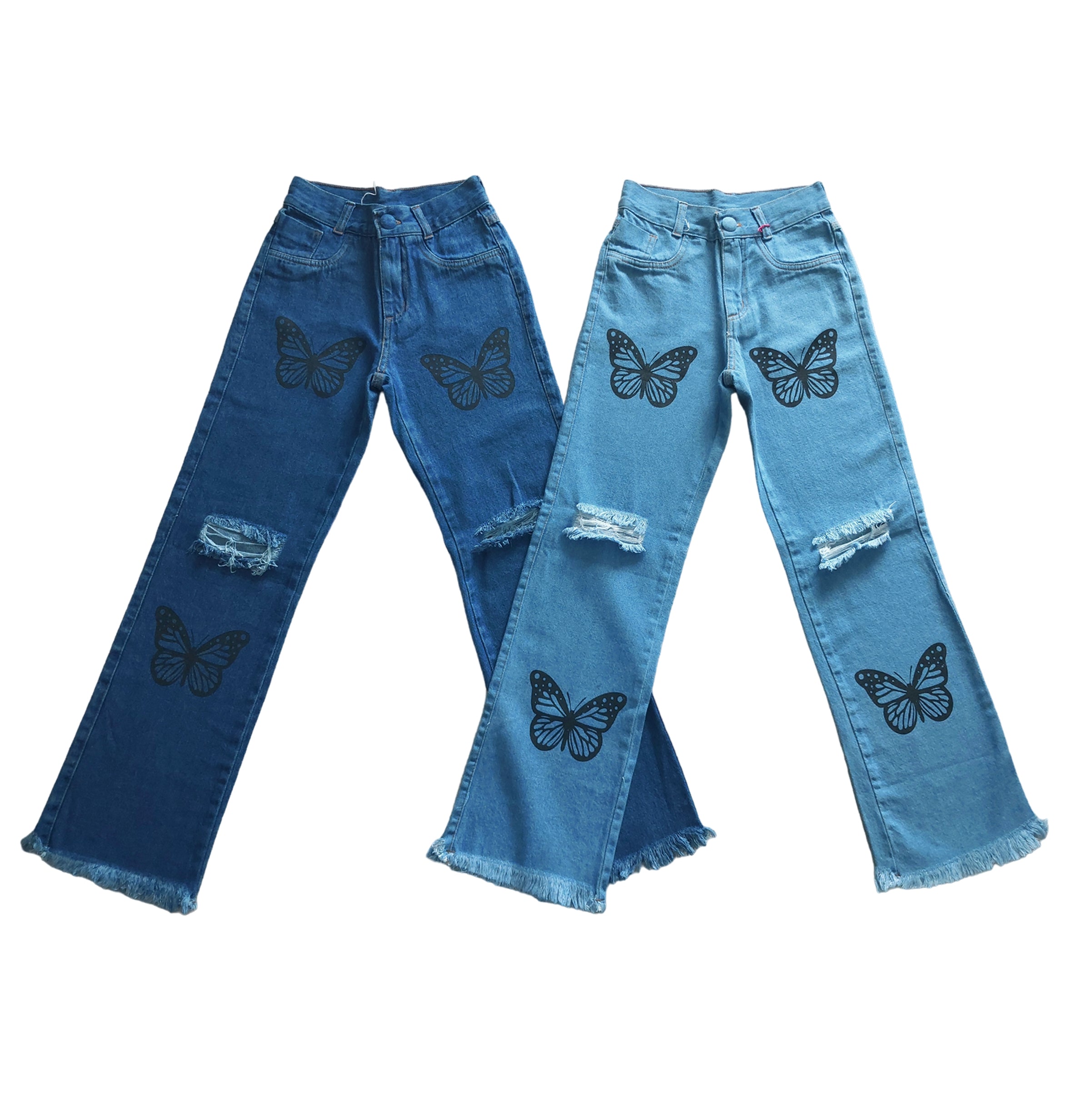 Calça jeans Infantil juvenil Menina wide leg Destroyed Borboleta Estampada-  Modelo Pantalona (Atacado)