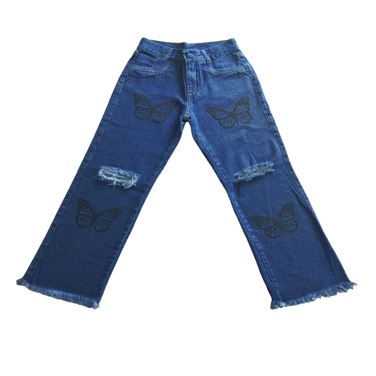 Calça jeans Infantil juvenil Menina wide leg Destroyed Borboleta Estampada-  Modelo Pantalona (Atacado)