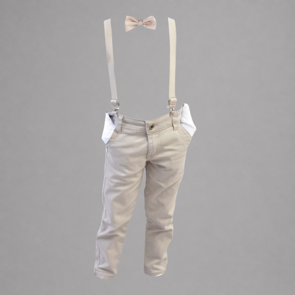 Calça Sarja Infantil Bolso Faca Elastano Gravata e Suspensório Ajustável 1 ao 16 anos