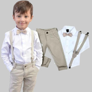 Conjunto 4 Peças Calça bege Gravata e Suspensório Diversas Cores Infantil P ao 8 anos
